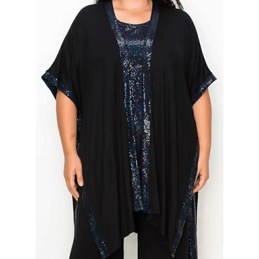 COIN 1804 Plus Size Black Sequin Contrast Kimono Top One Size